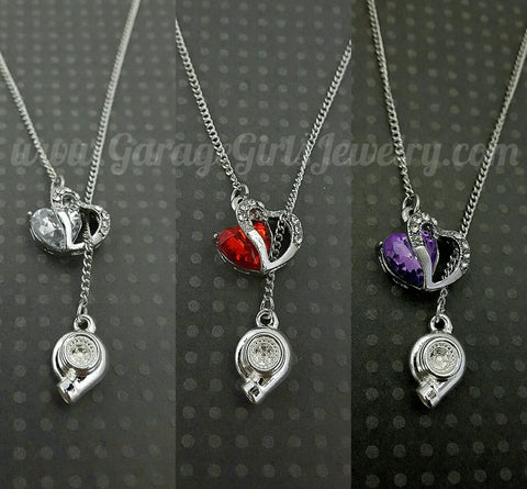Crystal Heart & Car Part Lariat Necklace