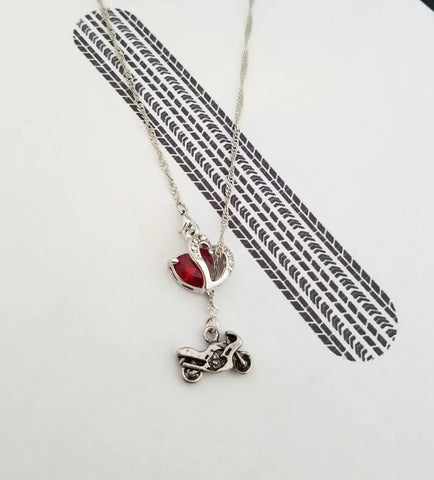 Street Bike & Crystal Heart Lariat Necklace